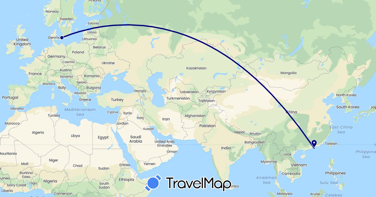 TravelMap itinerary: driving in China, Denmark (Asia, Europe)